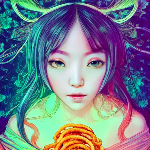 Image similar to the face of a ridiculously beautiful and cute japanese girl partially made of onion rings of all colors looking down, an ultrafine detailed illustration by james jean, final fantasy, intricate linework, bright colors, behance contest winner, vanitas, angular, altermodern, unreal engine 5 highly rendered, global illumination, radiant light, detailed and intricate environment