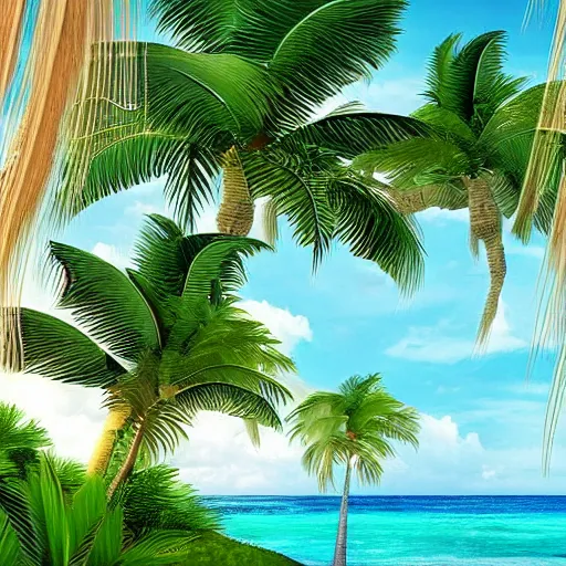 Prompt: “Caribbean beach with swaying palm trees and blue water and green grass, beautiful render”