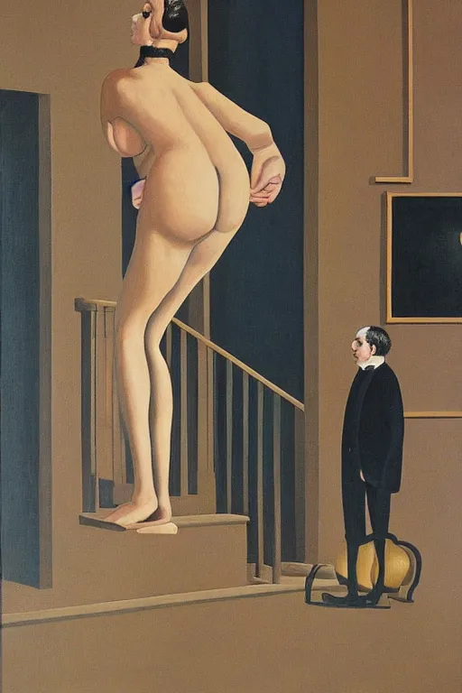 Image similar to painting of beautiful woman on infinite staircase watching man falling down, by de chirico, by magritte, by paula rego