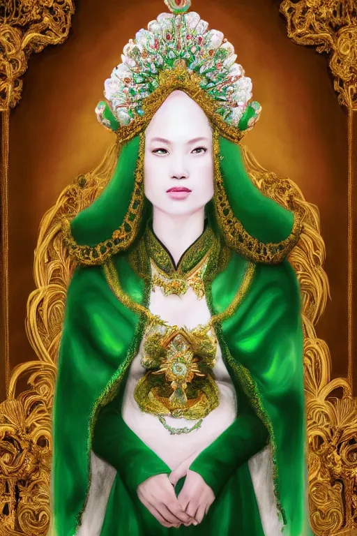 Image similar to a beautiful empress photo portrait, with a brilliant, impossible striking shiny big emerald headpiece, white and emerald robes, symmetrical, rococo, baroque, jewels, asian, realistic, closeup, D&D, fantasy, intricate, elegant, highly detailed, digital painting, artstation, octane render, 8k, concept art, matte, sharp focus, illustration, art by Artgerm and Greg Rutkowski and Alphonse Mucha