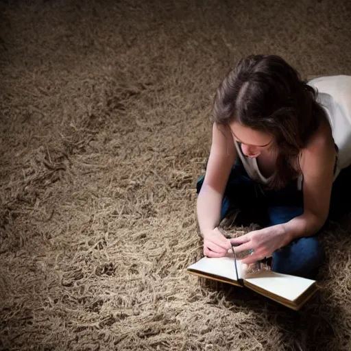 Image similar to a young woman finds a dusty diary on the floor of an old farmhouse, cinematic scene, movie, cinematic lighting