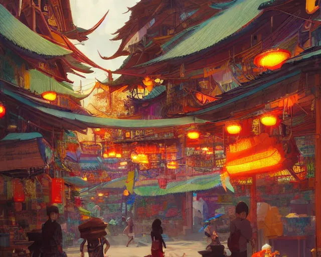 Image similar to colorful marketplace in a great, colorful kitsune city, bamboo, anime, a fantasy digital painting by Greg Rutkowski and James Gurney, trending on Artstation, highly detailed