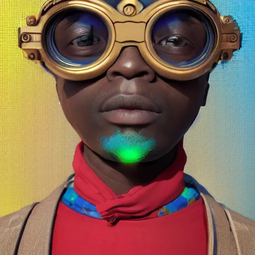 Image similar to colourful vfx portrait - art of a nigerian boy wearing steam punk goggles, art by utagawa kunisada & james jean, volumetric light, symmetrical, ray tracing, unreal engine, octane 3 d render, sharp, detailed, digital render, illustration, highly detailed, intricate detail, pinterest, behance, art station,