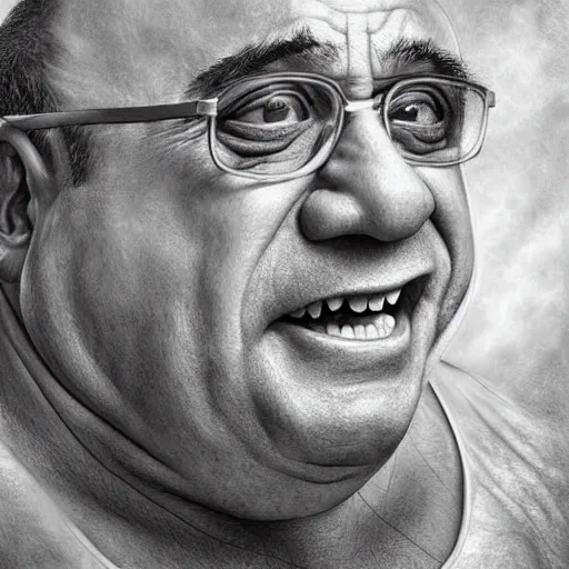 Image similar to hyperrealistic mixed media high resolution image of Danny DeVito, stunning 3d render inspired art by István Sándorfi and Greg Rutkowski and Unreal Engine, perfect symmetry, dim volumetric lighting, 8k octane beautifully detailed render, post-processing, extremely hyper-detailed, intricate, epic composition, highly detailed attributes, highly detailed atmosphere, full body shot, cinematic lighting, masterpiece, trending on artstation, very very detailed, masterpiece, stunning, flawless structure, lifelike texture, perfection,