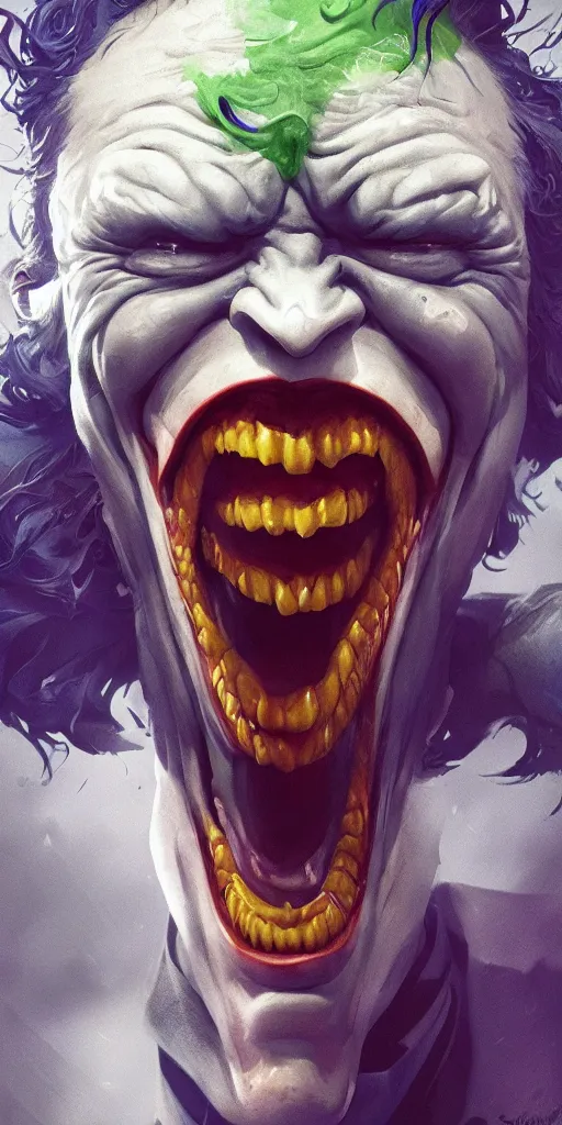 Image similar to Every Joker ever laughing at you, Darek Zabrocki, Karlkka, Jayison Devadas, Phuoc Quan, trending on Artstation, 8K, ultra wide angle, pincushion lens effect