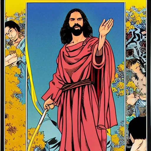 Image similar to jesus by hirohiko araki and moebius