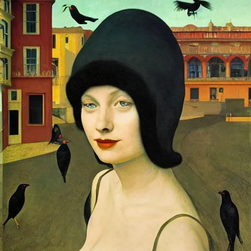 Image similar to a woman in a medieval city, a lots of crows, hyperrealistic film still by edward hopper, by gottfried helnwein, by klimt, by paolo uccello, art nouveau, highly detailed, strong lights, liminal, eerie, symbolist, bright pastel colors