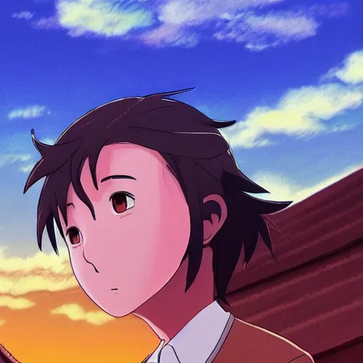 Image similar to friendly guy with Fragile looking portrait face colorful sky made by Studio Ghibli highly detailed art, beautiful scene, sharp focus, smooth, 8k, anime art