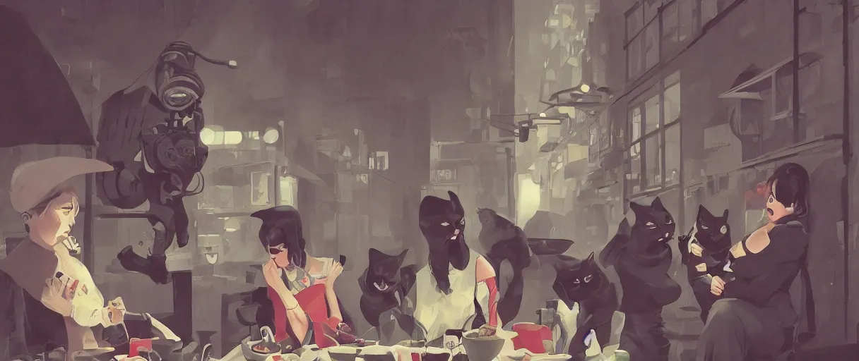 Prompt: a duotone comic noir illustration painting of two woman and a cat meme, one woman is screaming and pointing a t a cat that is eating vegetable meal from a white plate by sachin teng and sergey kolesov and ruan jia and heng z. graffiti art, sci fi, fantasy art, hyper detailed. octane render. trending on artstation