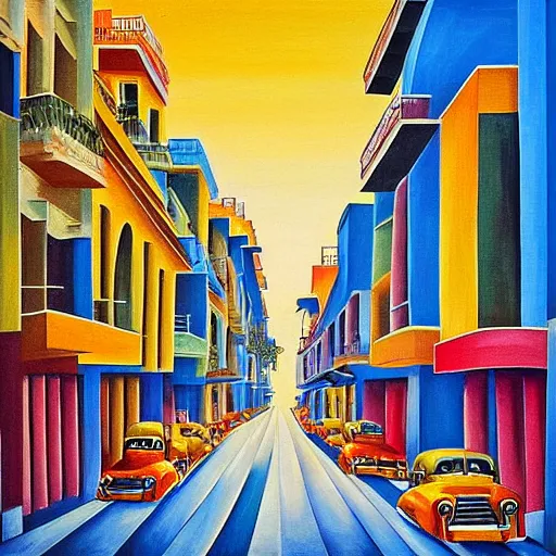 Image similar to constructivism painting of streets of Havana, Cuba, beautiful, diverse, golden hour