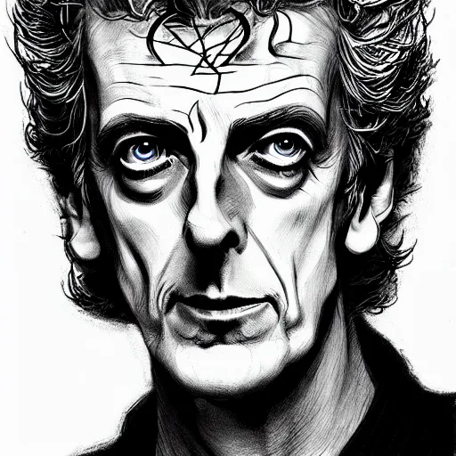 Prompt: Peter Capaldi in a scene from Berserk, artstation, concept art, sharp focus, illustration in pen an ink, extremely detailed, extremely complex, black and white, art by Masashi Tanaka