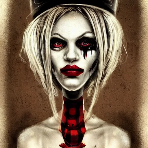 Prompt: surrealism grunge cartoon portrait sketch of harley quinn, by michael karcz, loony toons style, freddy krueger style, horror theme, detailed, elegant, intricate