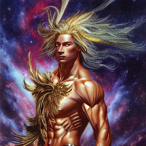 Image similar to full muscular body male made of gemsl with golden feathers ,thunder, shining light, nebulas, god rays by Karol Bak, Ayami Kojima, Amano