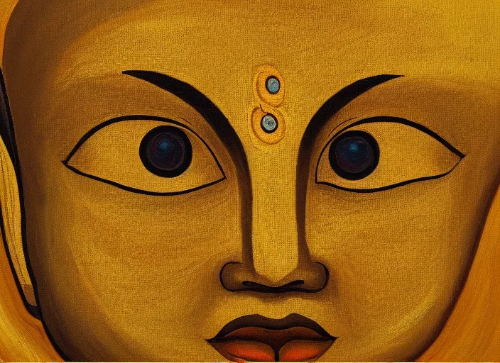 Image similar to a painting of giant buddahs eyes floating in the desert in gold color palette