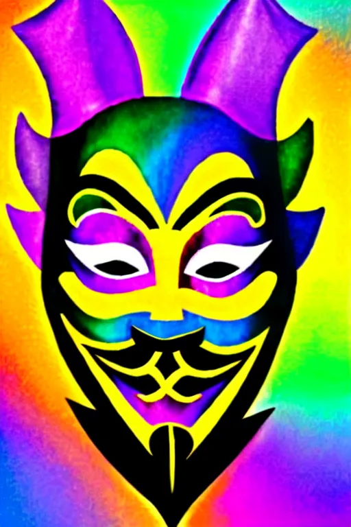 Image similar to guy fawkes mask, lisa frank style,