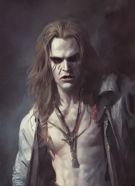 Prompt: portrait painting of the vampire lestat, muscular male gleeful, long hair! long coat, elegant rugged handsome unreal render cinematic lighting art 1 8 9 0 period drama by bussiere rutkowski andreas rocha
