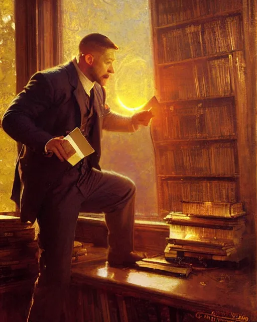 Prompt: tom hardy pulling a book from a shelf, dusty library, golden hour painting by gaston bussiere, craig mullins, j. c. leyendecker