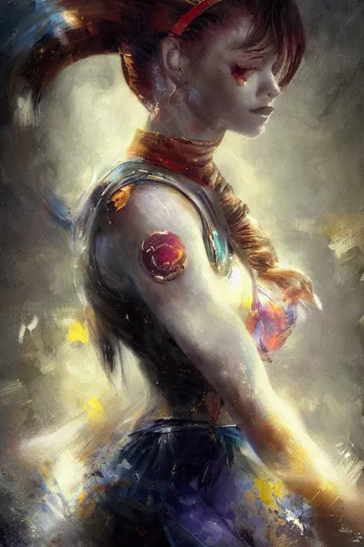 Image similar to an epic painting of sailor moon as a real girl, oriental tattoos, realism, dramatic, intricate, by jeremy mann and greg rutkowski, trending on artstation, oil on canvas