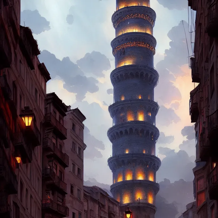 Prompt: the galata tower, by jordan grimmer and greg rutkowski, dramatic lighting, ultra hd, hdr, 8 k