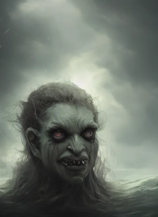 Prompt: a close up portrait of a creepy grotesque sea witch with dark turbulent skies, photorealistic, by jessica rossier, 4 k resolution