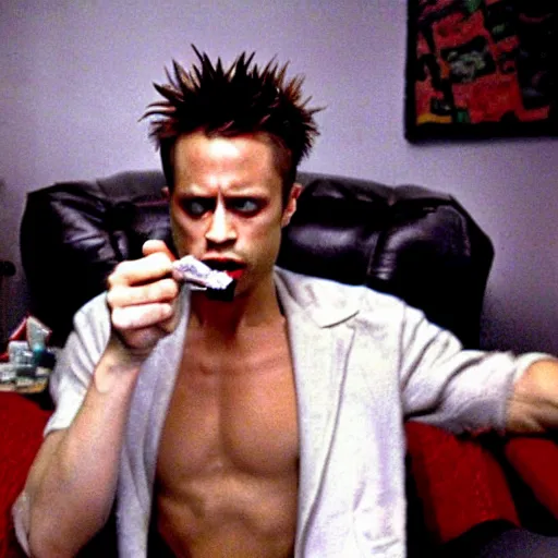 Image similar to tyler durden smoking crack