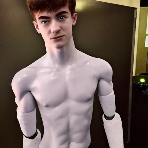 Image similar to “a realistic detailed photo of a guy who is an attractive humanoid who is half robot and half humanoid, who is a male android, twitch streamer Ninja Tyler Blevins, shiny skin, posing like a statue, blank stare”