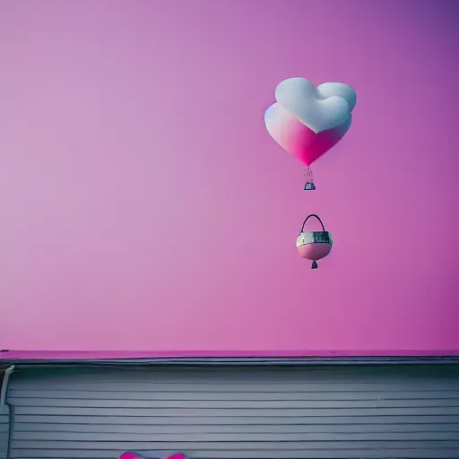 Prompt: a 5 0 mm lens photograph of a cute pink floating modern house in the air, held up by a singular heart shaped vibrant ballon, inspired by the movie up. mist, playful composition canon, nikon, award winning, photo of the year