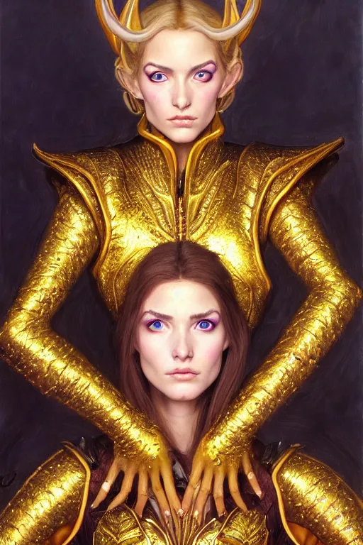 Image similar to high quality extremely detailed closeup portrait of a young gorgeous female warlock looking away from the camera wearing very reflective golden armor, detailed eyes, sparkle in eyes, no hands visible, fantasy, d & d, intricate, painting by lucian freud and mark brooks, hd