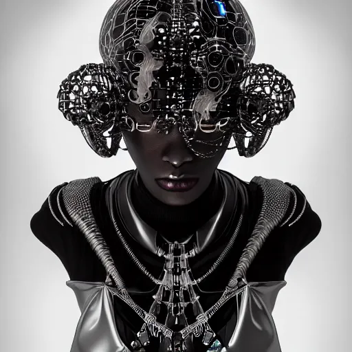 Image similar to portrait of an absurdly beautiful, graceful, sophisticated, fashionable black cyberpunk mechanoid gravure idol, hyperdetailed illustration by irakli nadar, matt wisniewski style, intricate linework, dark black skin, jellyfish headdress, bone necklace, unreal engine 5 highly rendered, global illumination, radiant light, detailed and intricate environment