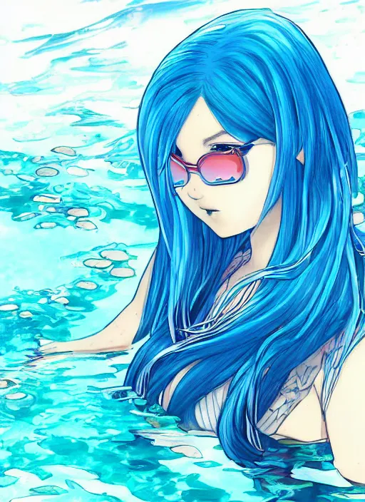 Prompt: a woman with blue hair sitting underwater, a beautiful anime drawing by yuumei, featured on pixiv, pixiv, seapunk, very anime anime!! detailed