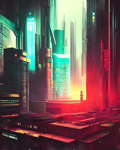 Image similar to cyberpunk scifi scene of a city at night, drone view, drones flying by, artstation, matt painting, very detailed, maximalism, ambient occlusion, volumetric light, atmospheric haze, unreal engine, hyper realism, realistic shading, cinematic composition, realistic render, octane render, detailed textures, photorealistic, wide shot