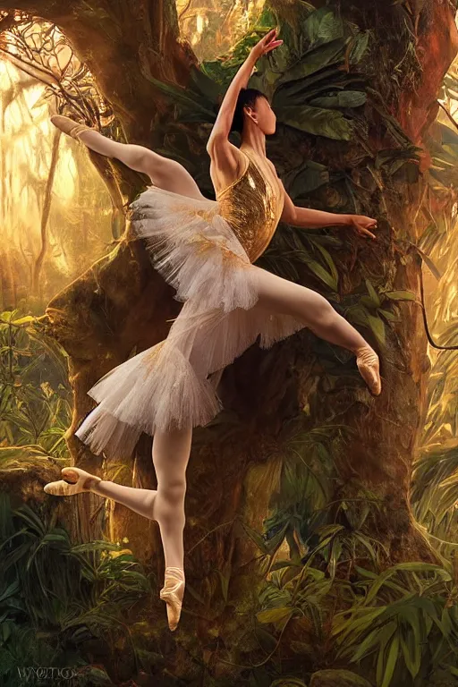 Image similar to stunningly beautiful, asian prima ballerina in jungle, symmetrical face, golden hour, smooth, focus, highly detailed, hyper realistic, dramatic lighting, elegant, intricate, concept art, art by wlop, mars ravelo, greg rutowski