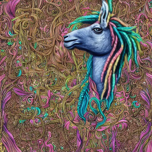 Image similar to llama with dreadlocks, colorful, detailed by ernst haeckel, artgerm, james jean