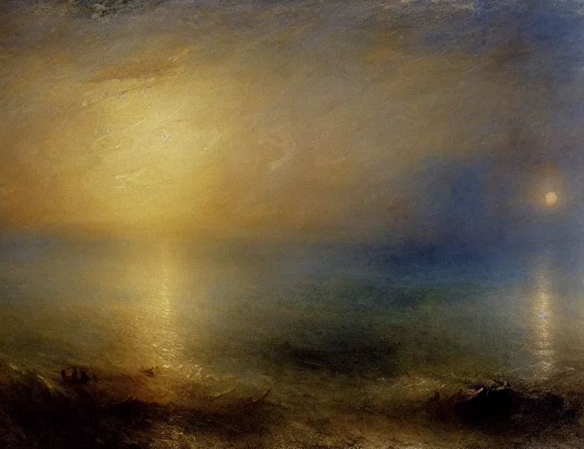 Prompt: sea, by JMW Turner, thick empasto oil paint, high textures, serene, cinematic, moonlight illuminating the scene