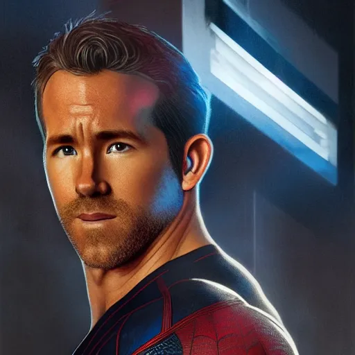 Image similar to ryan reynolds as spider - man, wearing a black and blue suit, cinematic, volumetric lighting, f 8 aperture, cinematic eastman 5 3 8 4 film, photorealistic by greg rutkowski, by stanley artgerm, by alphonse mucha