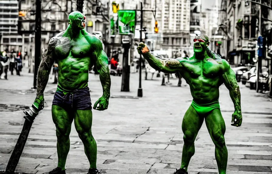 Image similar to a candid street photo of a muscular green-skinned orc in the city, casual clothing, modern fantasy photography, sharp focus, 4k