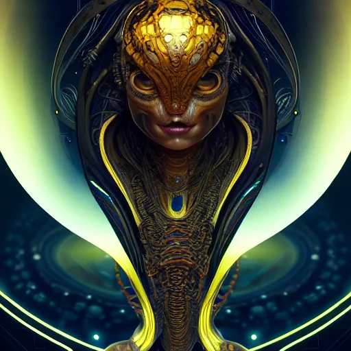 Image similar to hyper advanced alien evolved from a locust, sci fi, glowing eyes, volumetric lights, gold theme, art nouveau botanicals, intricate, highly detailed, digital painting, artstation, concept art, smooth, sharp focus, cinematic, illustration, beautiful face, art by artgerm and greg rutkowski and alphonse mucha