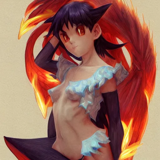 Image similar to Charizard pokemon Gajinka as a small human girl , highly detailed, digital pencil painting, anime, cartoonish, hybrid human / anthro, monster girl, sharp focus, character centred, illustration, art by artgerm and greg rutkowski and alphonse mucha