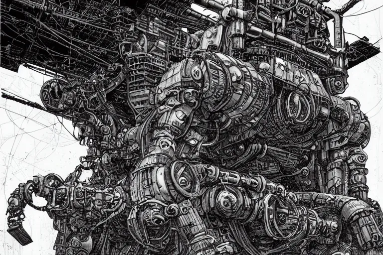 Image similar to dieselpunk mechs that look like Dragonfly, inside an gigantic underground concrete doom hangar, interior structure, drains, storm drains, jungle, vines, algea, cables, panels, walls, ceiling, floor, doors, brutalist architecture, intricate ink drawing, highly detailed in the style of Ashley Wood, moebius and Tsutomu Nihei, photorealistic, cinematic, intricate detail, well lit,