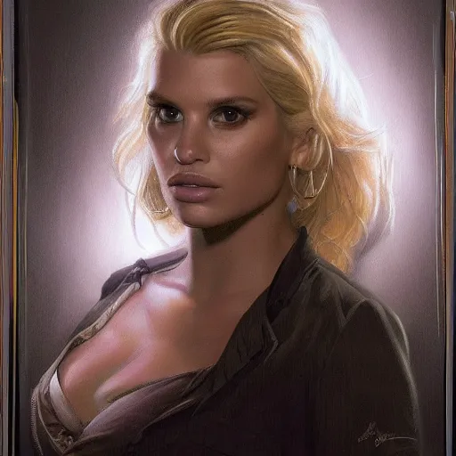 Image similar to jessica simpson as a detective, portrait face and bust in view, cute and adorable, pretty, aesthetic haunted house, portrait, matte detailed photo, DeviantArt, Artstation, by donato giancola, ralph horley, loish, cinematic lighting