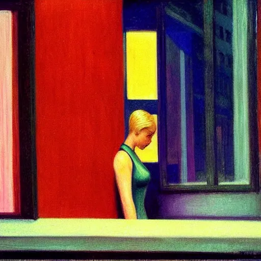 Image similar to blonde girl looking out the window of her hotel room, rainy night, neon lighting, by Edward Hopper