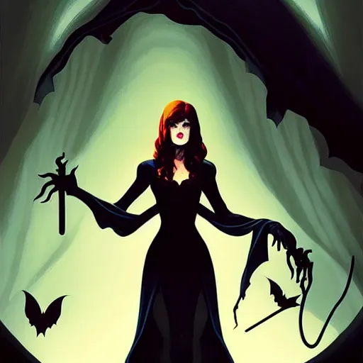 Image similar to rafael albuquerque comic art, peter mohrbacher, steve niles, artgerm, pretty mary elizabeth winstead witch sharp vampire teeth open mouth, black dress, symmetrical eyes, long blonde hair