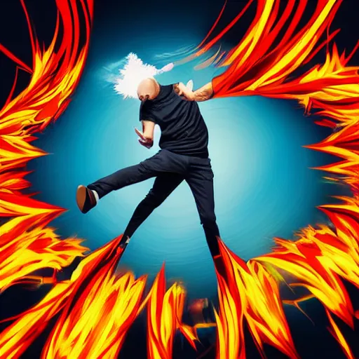 Image similar to man hitting the ground creating a explosion, anime, album cover, musical notes