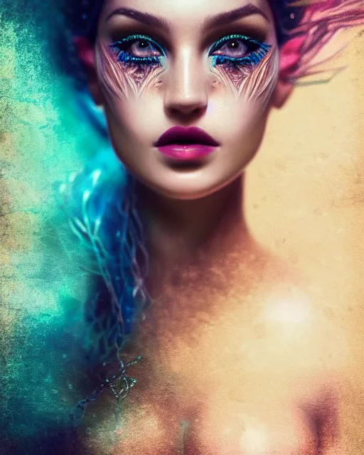 Image similar to portrait of mermaid, zoom, rule of thirds, atmosphere, intricate, vogue, regal, latinas, symmetrical!!, makeup, loreal, maybelline, sephora, loreal, artstation, art by artgerm and gonzalo ordonez arias, moody, concept art, filmic, vsco