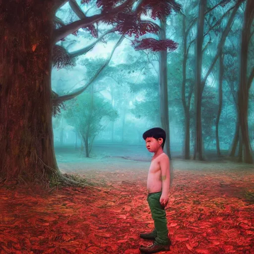 Prompt: a little boy lost in the magic woods, by elsa bleda, by ben enwonwu, by yanjun cheng, wide angle