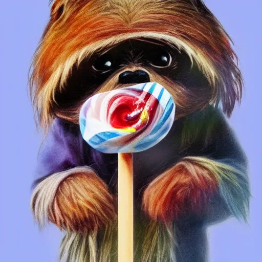 Image similar to An ewok eating a lollipop, Airbrush art