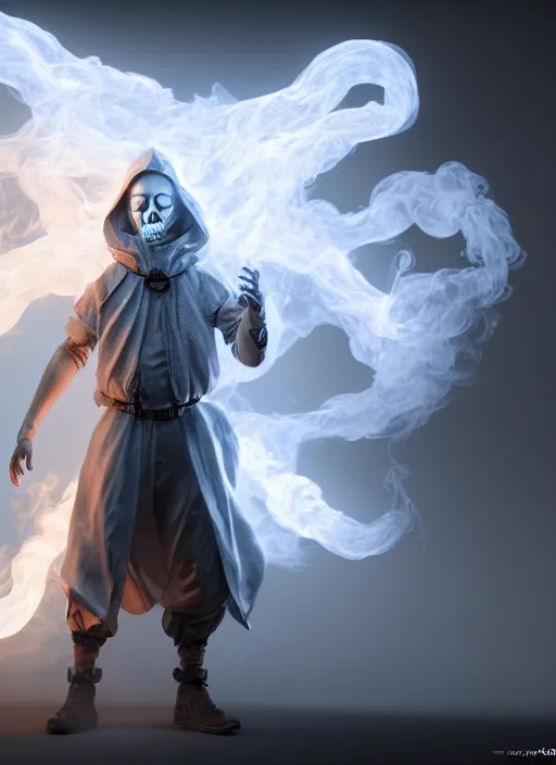 Prompt: highly detailed stunning image of ghost sorcerer full body, 3 d octane render, unreal engine, hyper realistic, realistic, soft illumination, surrounded in dask wispy smoke, trending artstation