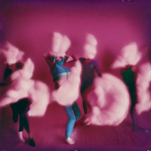 Prompt: pinhole photo of dancers made from cotton candy in big geometric MASKS, smudge, lo fi, mix, texture