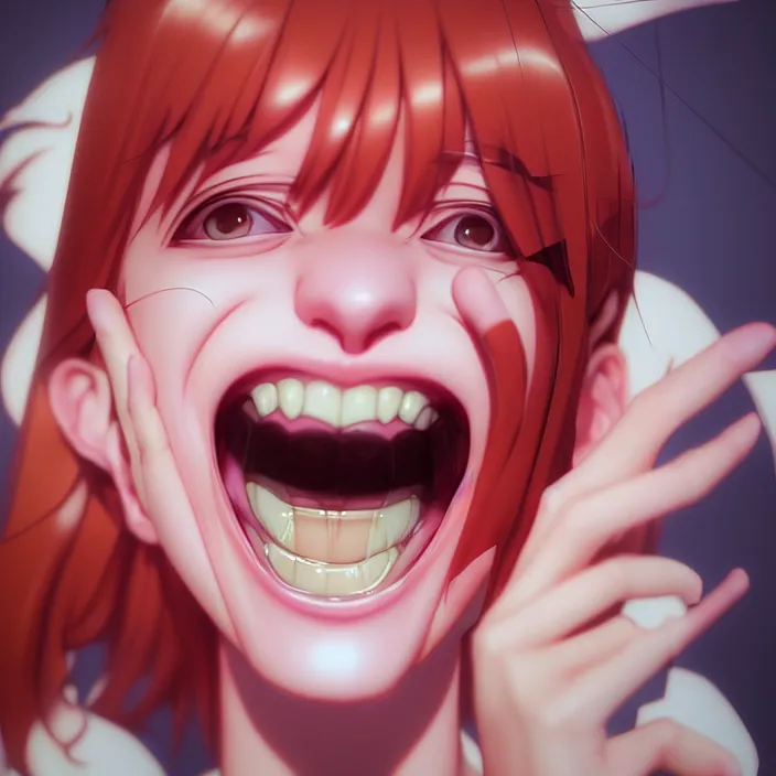 Image similar to portrait of the popular girl laughing at the viewer, by Katsuhiro Otomo, Yoshitaka Amano, Nico Tanigawa, and Artgerm rendered with 3D effect.