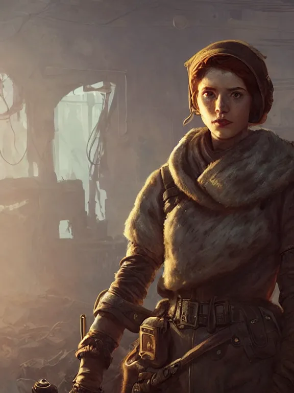 Image similar to portrait of a young female merchant from fallout 4 wearing survival gear, long auburn hair, art by ryo shiotani and greg rutkowski, intricate, beautiful, cute, cinematic lighting